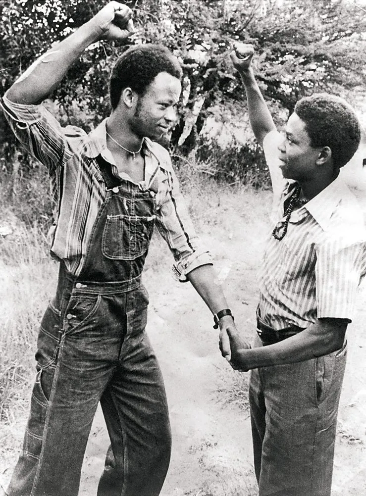 Tsietsi Mashinini and Khotso Seathlholo, student leaders, share a light-hearted moment in exile in Botswana.