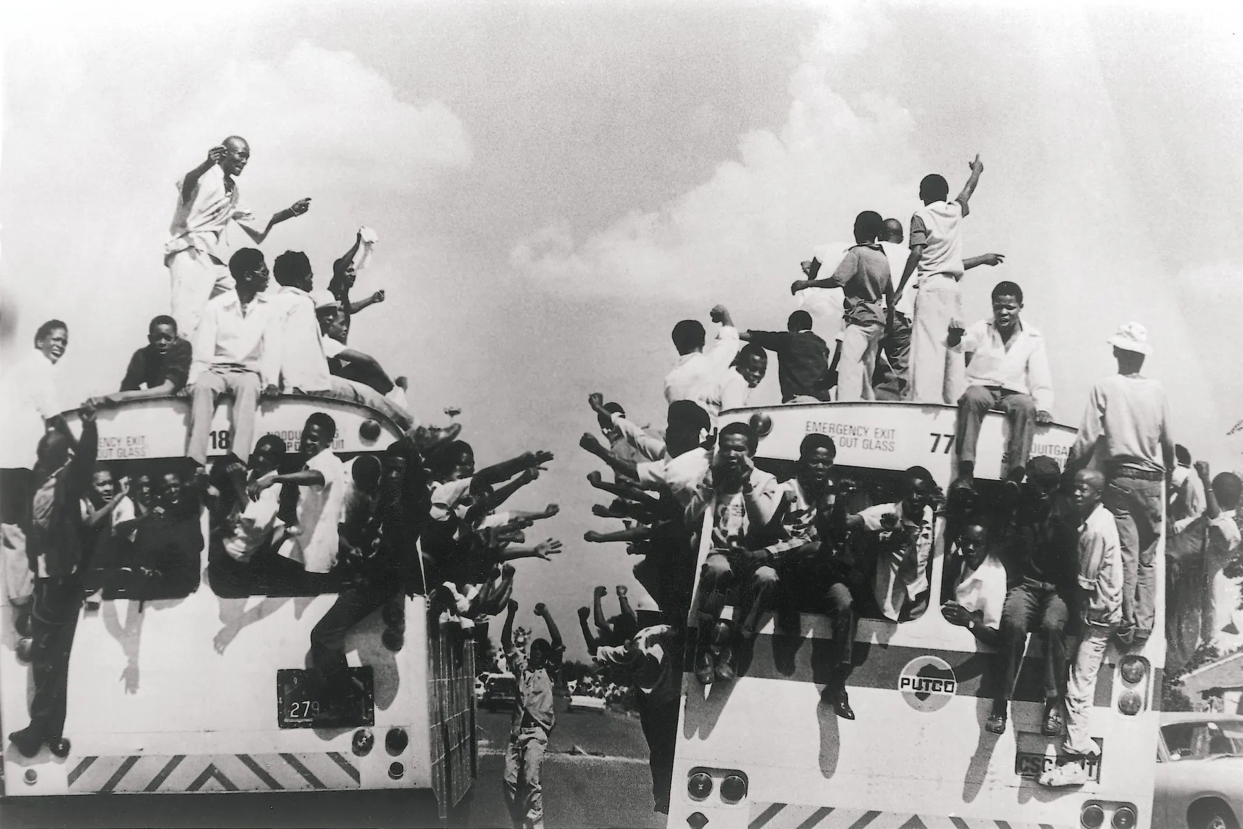 Students hanging from buses on the way to funerals and demonstrations, late 1970s.